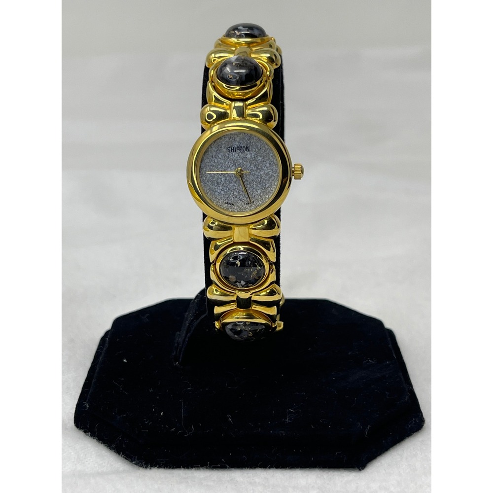 Shiffon Vintage Womens Gold Tone Bracelet Watch Glitter Dial Marbled Cabochons